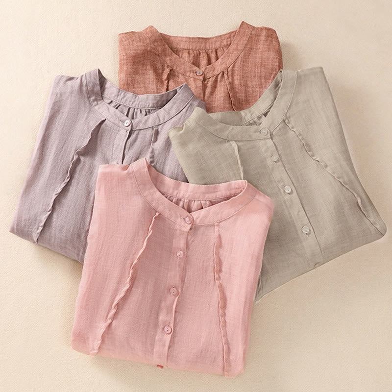 Casual Daily Plain Button Ruffled Design Stand Collar Women's Cotton Linen Three Quarter Sleeve Shirt Cardigan