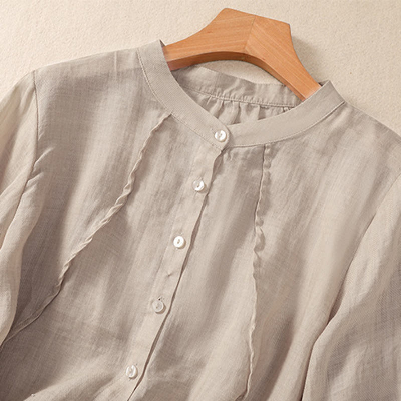 Casual Daily Plain Button Ruffled Design Stand Collar Women's Cotton Linen Three Quarter Sleeve Shirt Cardigan
