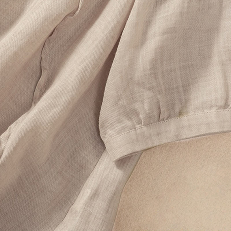 Casual Daily Plain Button Ruffled Design Stand Collar Women's Cotton Linen Three Quarter Sleeve Shirt Cardigan