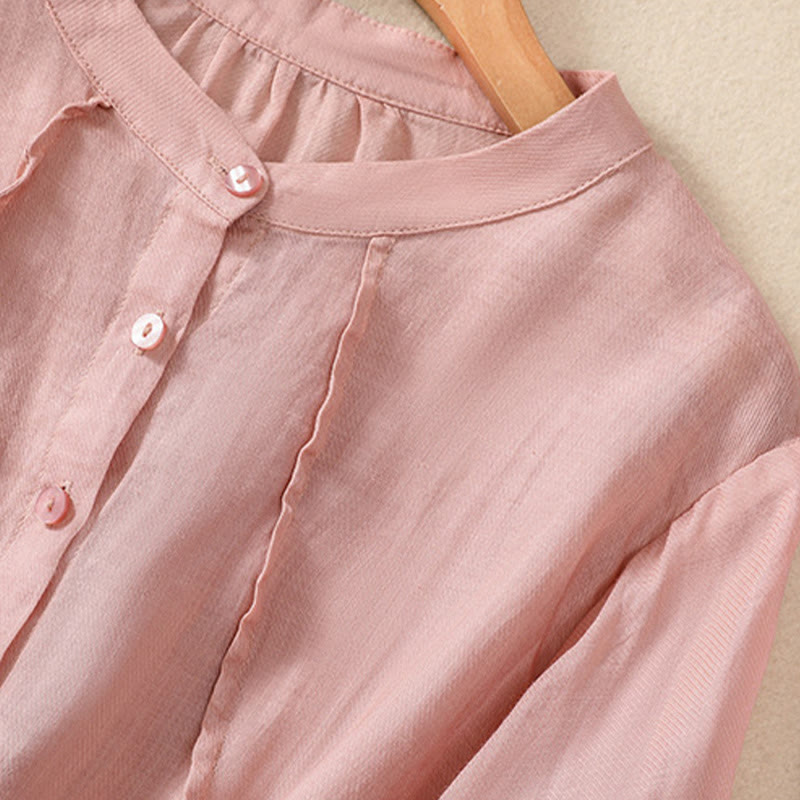 Casual Daily Plain Button Ruffled Design Stand Collar Women's Cotton Linen Three Quarter Sleeve Shirt Cardigan