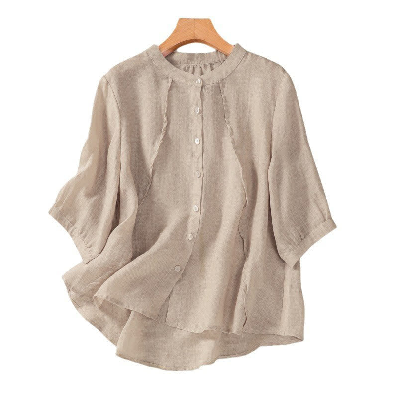 Casual Daily Plain Button Ruffled Design Stand Collar Women's Cotton Linen Three Quarter Sleeve Shirt Cardigan