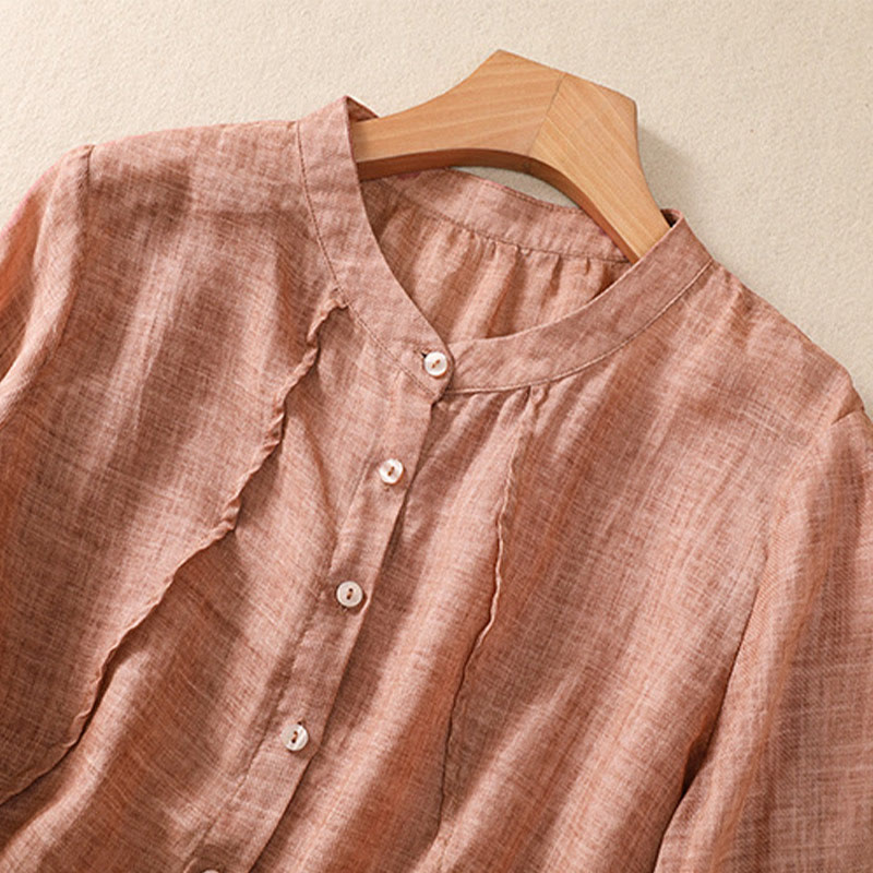 Casual Daily Plain Button Ruffled Design Stand Collar Women's Cotton Linen Three Quarter Sleeve Shirt Cardigan