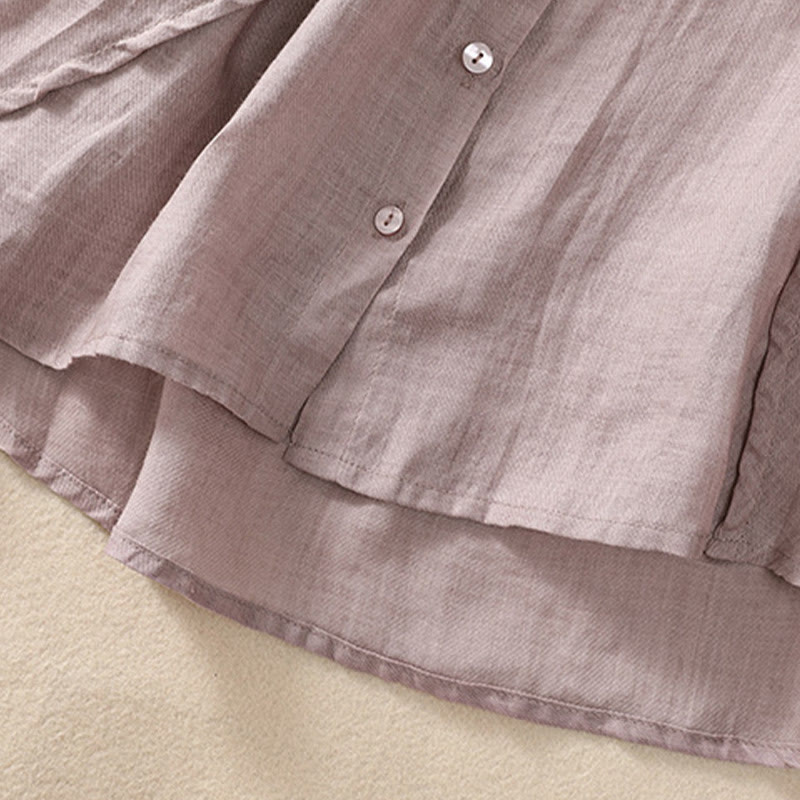 Casual Daily Plain Button Ruffled Design Stand Collar Women's Cotton Linen Three Quarter Sleeve Shirt Cardigan