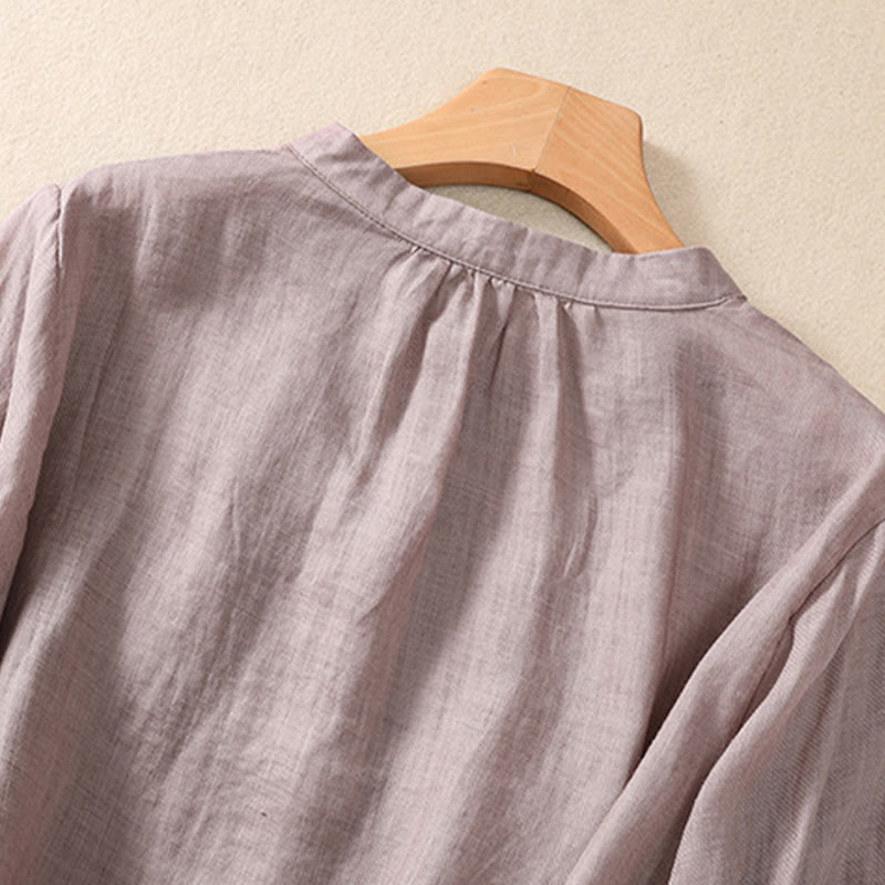 Casual Daily Plain Button Ruffled Design Stand Collar Women's Cotton Linen Three Quarter Sleeve Shirt Cardigan