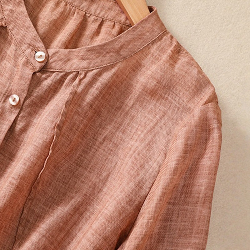 Casual Daily Plain Button Ruffled Design Stand Collar Women's Cotton Linen Three Quarter Sleeve Shirt Cardigan
