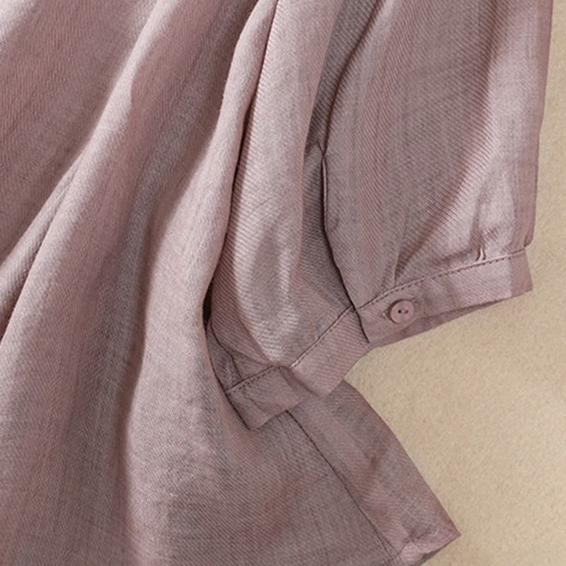 Casual Daily Plain Button Ruffled Design Stand Collar Women's Cotton Linen Three Quarter Sleeve Shirt Cardigan