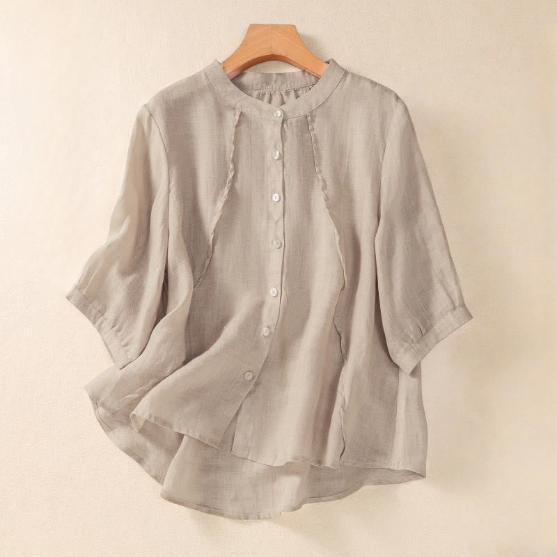 Casual Daily Plain Button Ruffled Design Stand Collar Women's Cotton Linen Three Quarter Sleeve Shirt Cardigan