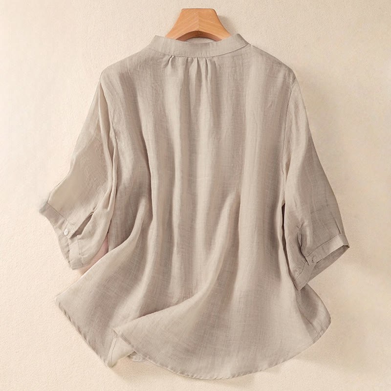 Casual Daily Plain Button Ruffled Design Stand Collar Women's Cotton Linen Three Quarter Sleeve Shirt Cardigan