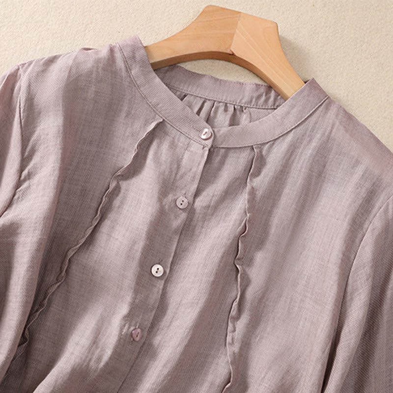 Casual Daily Plain Button Ruffled Design Stand Collar Women's Cotton Linen Three Quarter Sleeve Shirt Cardigan