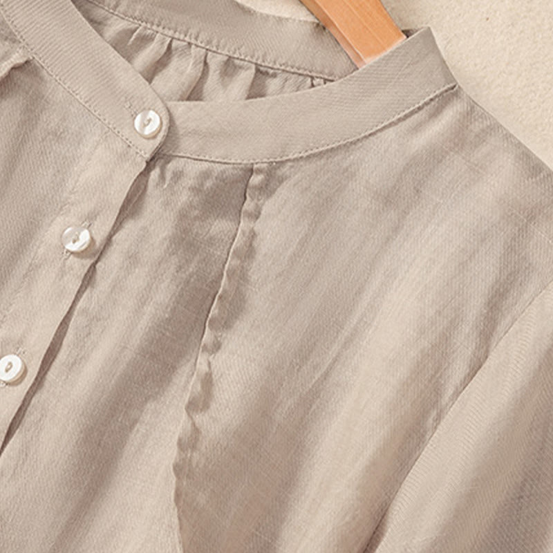 Casual Daily Plain Button Ruffled Design Stand Collar Women's Cotton Linen Three Quarter Sleeve Shirt Cardigan
