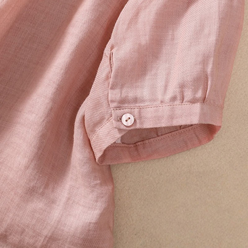 Casual Daily Plain Button Ruffled Design Stand Collar Women's Cotton Linen Three Quarter Sleeve Shirt Cardigan