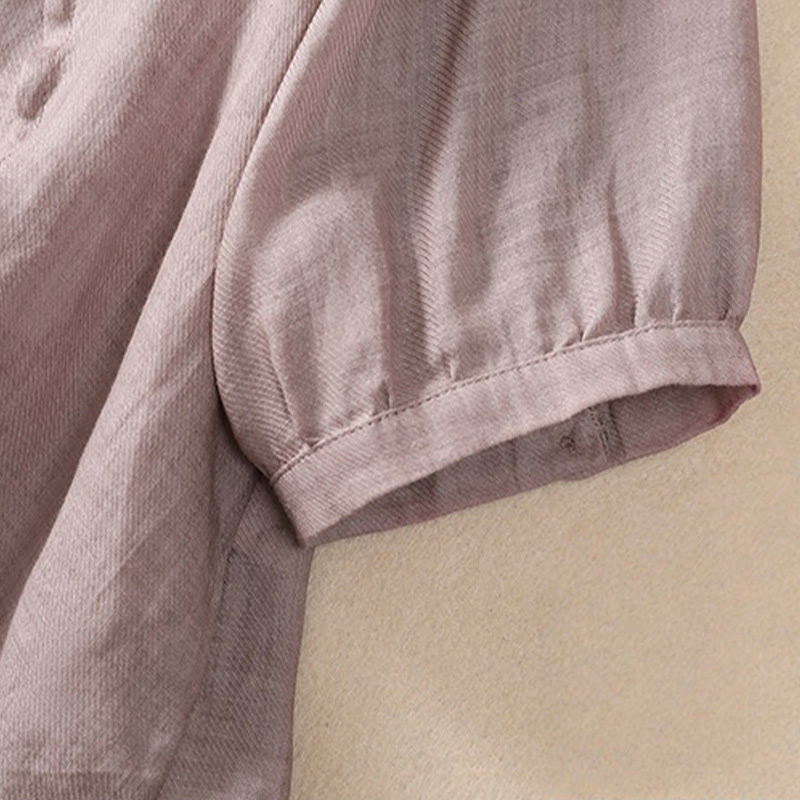 Casual Daily Plain Button Ruffled Design Stand Collar Women's Cotton Linen Three Quarter Sleeve Shirt Cardigan