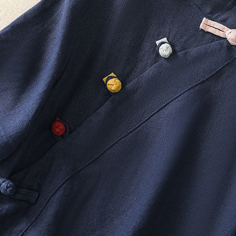 Casual Plain Slant Stand Collar Collar Colorful Frog-Button Tang Suit Women's Cotton Linen Three Quarter Sleeve Shirt Cardigan