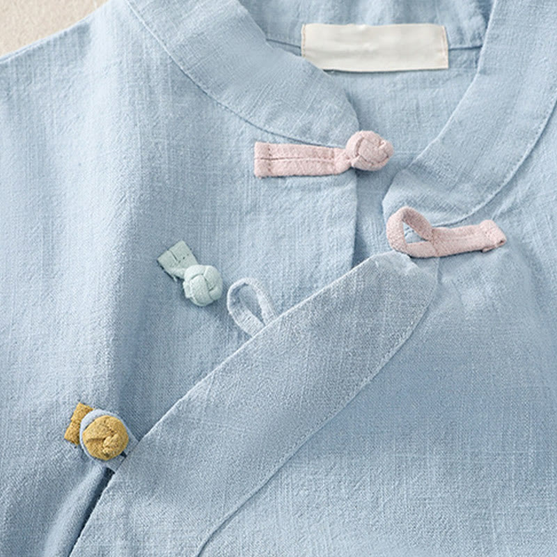 Casual Plain Slant Stand Collar Collar Colorful Frog-Button Tang Suit Women's Cotton Linen Three Quarter Sleeve Shirt Cardigan