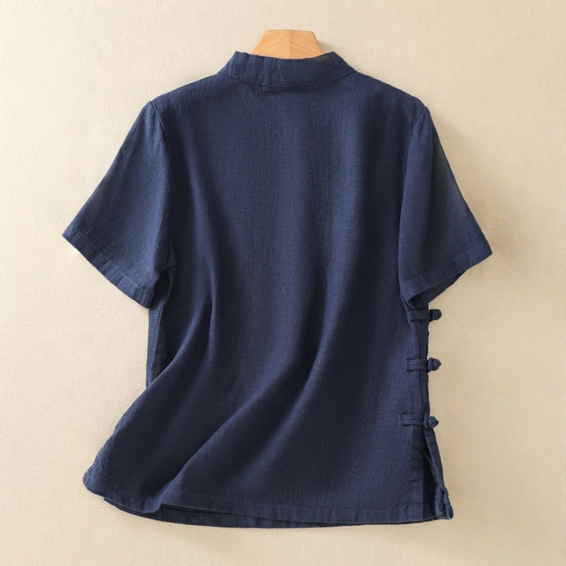 Casual Plain Slant Stand Collar Collar Colorful Frog-Button Tang Suit Women's Cotton Linen Three Quarter Sleeve Shirt Cardigan