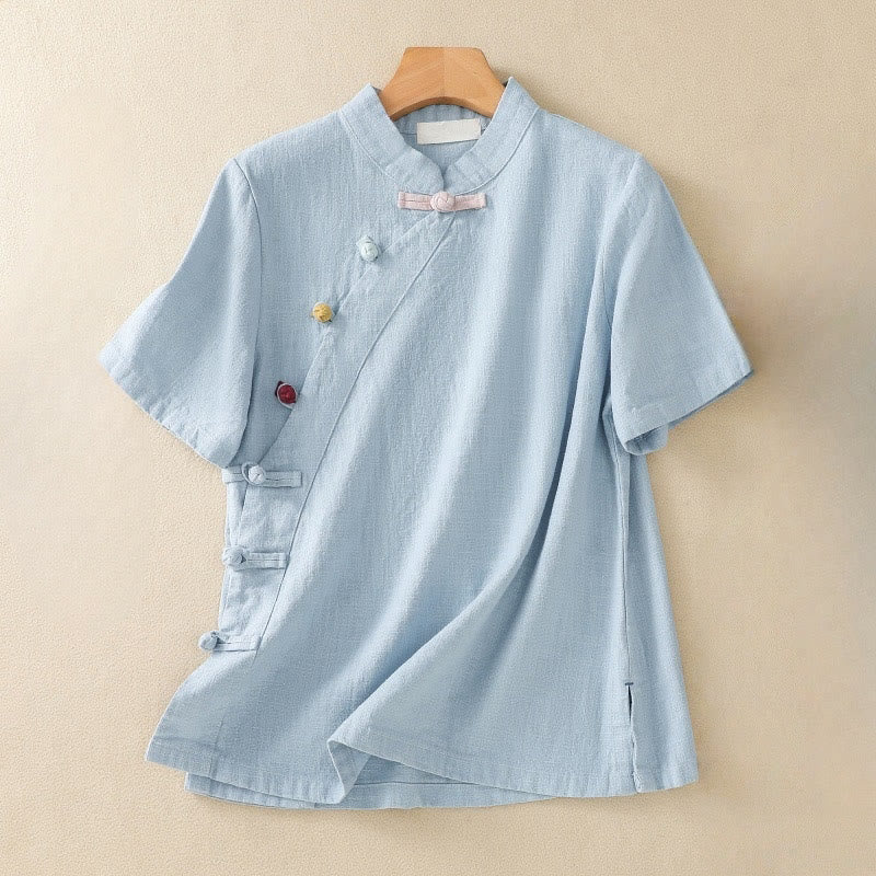 Casual Plain Slant Stand Collar Collar Colorful Frog-Button Tang Suit Women's Cotton Linen Three Quarter Sleeve Shirt Cardigan