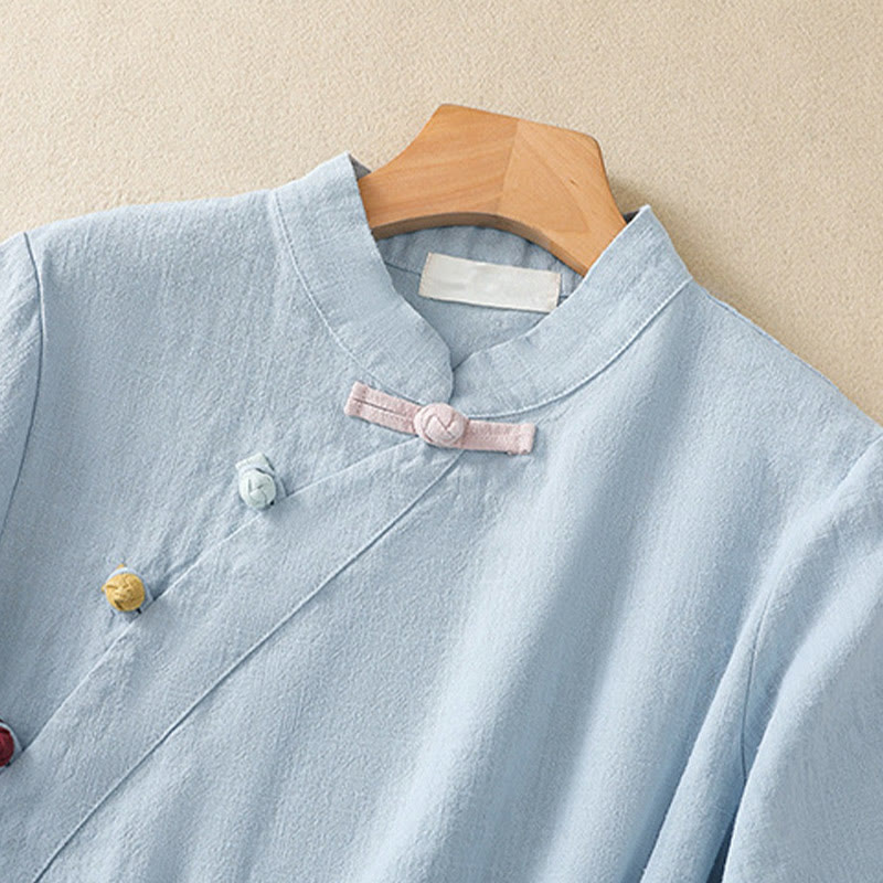 Casual Plain Slant Stand Collar Collar Colorful Frog-Button Tang Suit Women's Cotton Linen Three Quarter Sleeve Shirt Cardigan