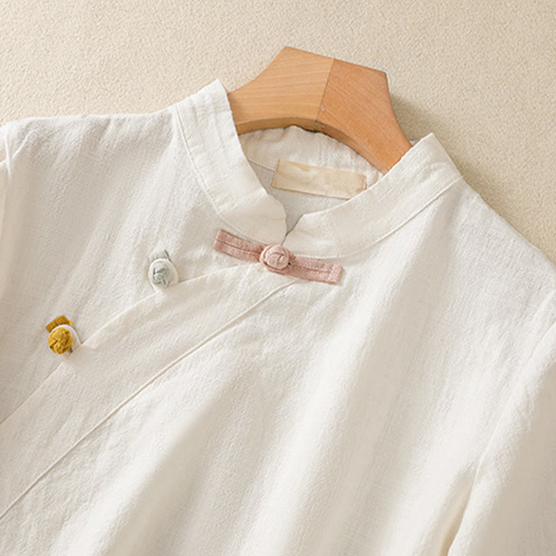 Casual Plain Slant Stand Collar Collar Colorful Frog-Button Tang Suit Women's Cotton Linen Three Quarter Sleeve Shirt Cardigan