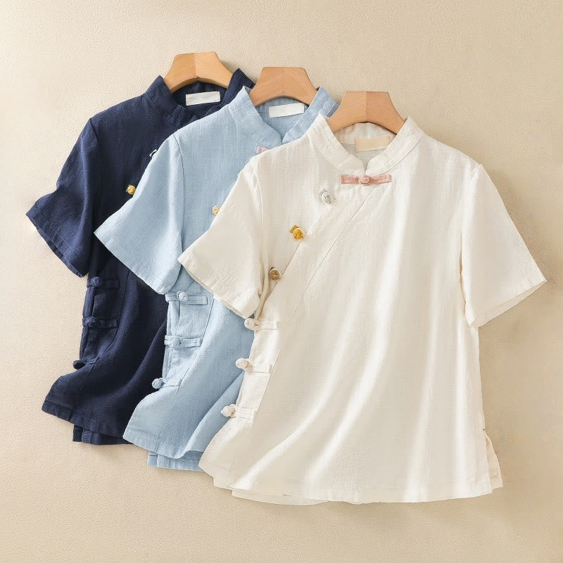 Casual Plain Slant Stand Collar Collar Colorful Frog-Button Tang Suit Women's Cotton Linen Three Quarter Sleeve Shirt Cardigan