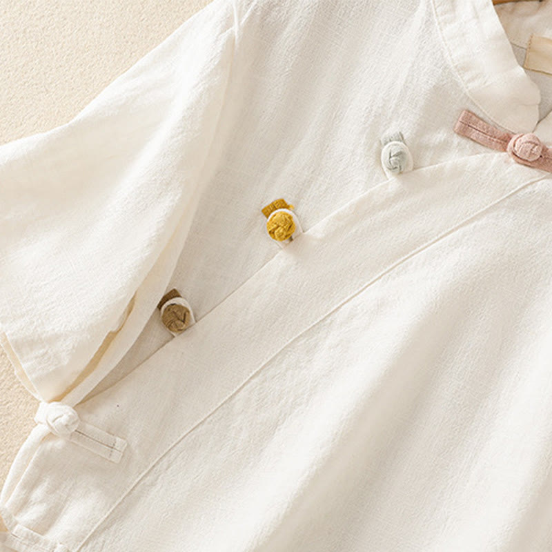 Casual Plain Slant Stand Collar Collar Colorful Frog-Button Tang Suit Women's Cotton Linen Three Quarter Sleeve Shirt Cardigan
