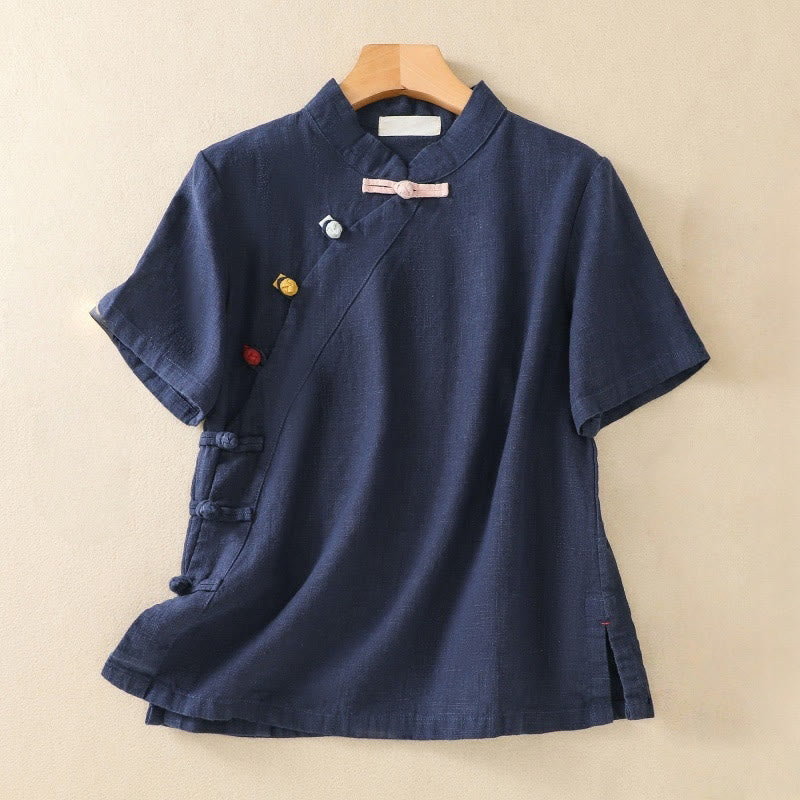 Casual Plain Slant Stand Collar Collar Colorful Frog-Button Tang Suit Women's Cotton Linen Three Quarter Sleeve Shirt Cardigan