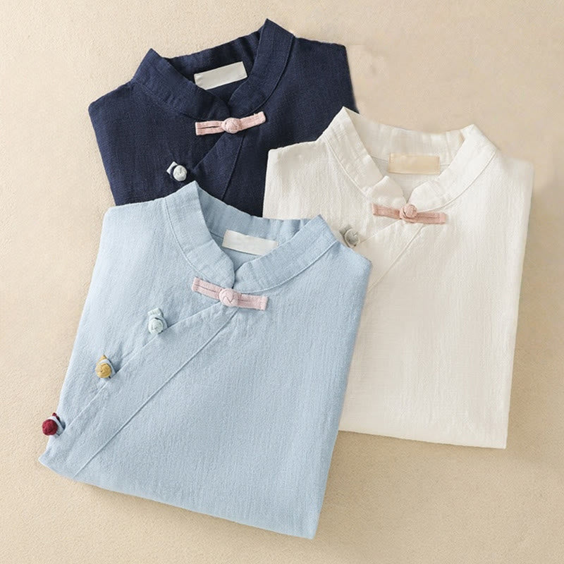 Casual Plain Slant Stand Collar Collar Colorful Frog-Button Tang Suit Women's Cotton Linen Three Quarter Sleeve Shirt Cardigan