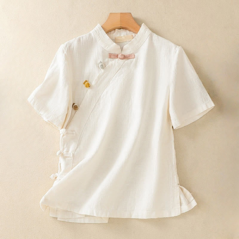 Casual Plain Slant Stand Collar Collar Colorful Frog-Button Tang Suit Women's Cotton Linen Three Quarter Sleeve Shirt Cardigan
