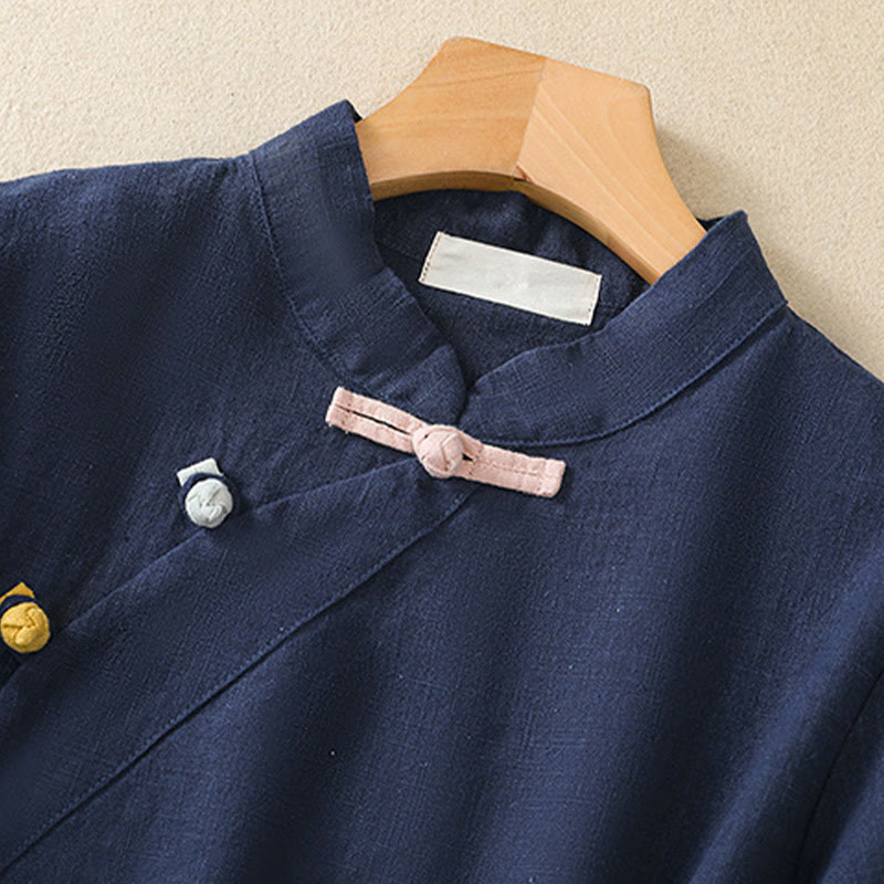 Casual Plain Slant Stand Collar Collar Colorful Frog-Button Tang Suit Women's Cotton Linen Three Quarter Sleeve Shirt Cardigan