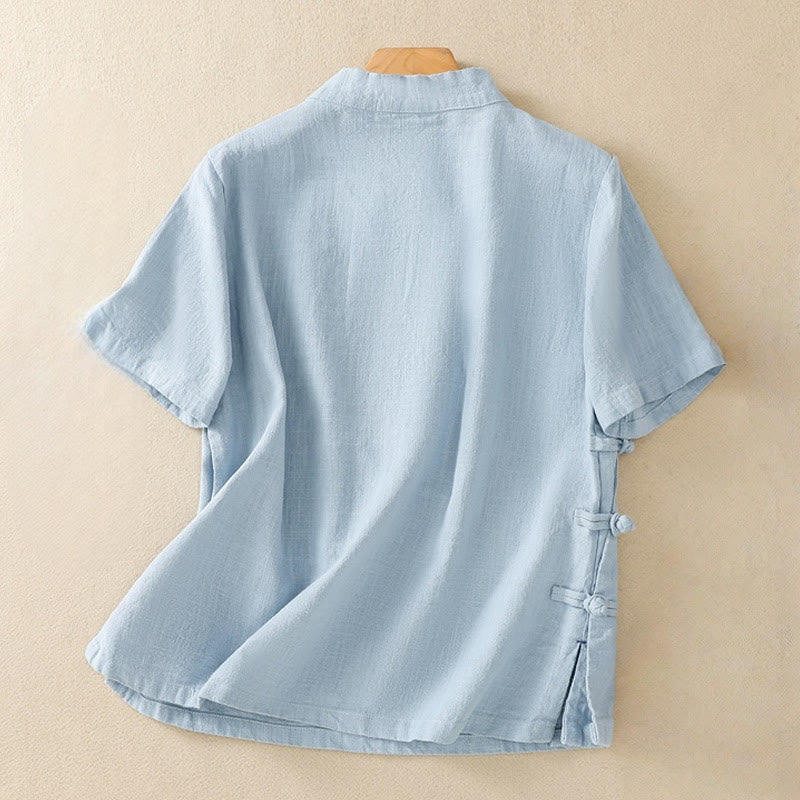 Casual Plain Slant Stand Collar Collar Colorful Frog-Button Tang Suit Women's Cotton Linen Three Quarter Sleeve Shirt Cardigan
