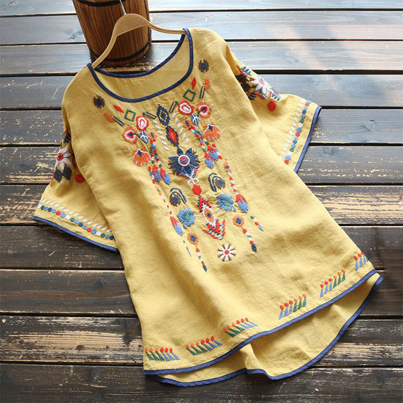 Retro Artistic Embroidery Floral Pattern Crew Neck Women's Cotton Linen Short Sleeve T-Shirt