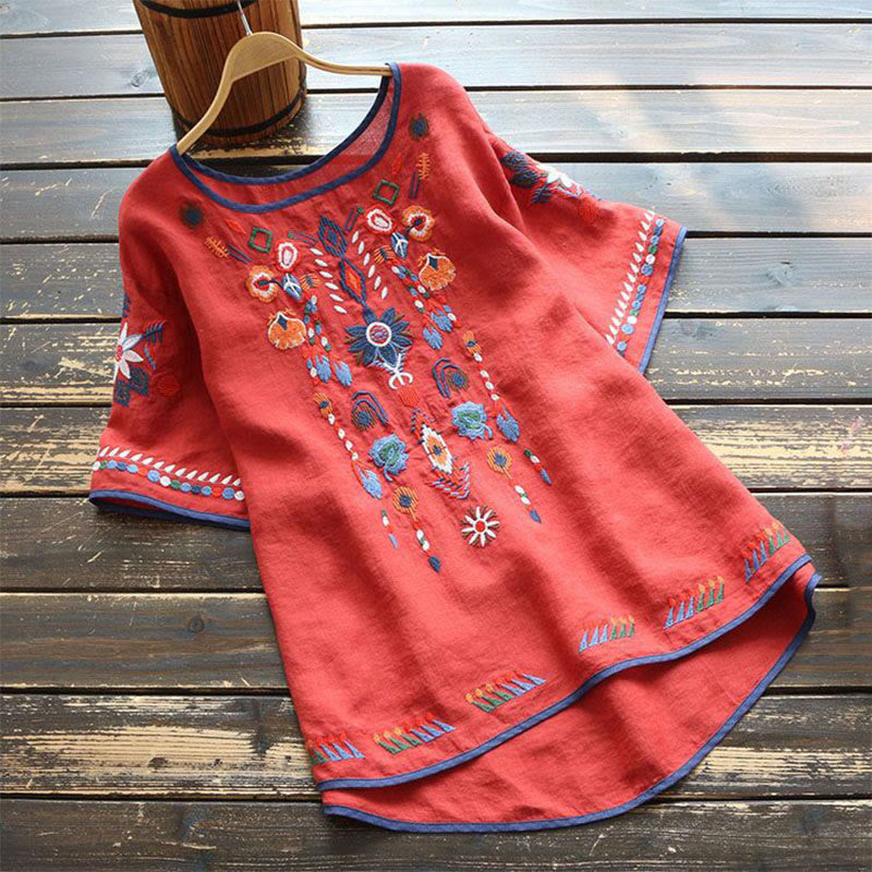 Retro Artistic Embroidery Floral Pattern Crew Neck Women's Cotton Linen Short Sleeve T-Shirt