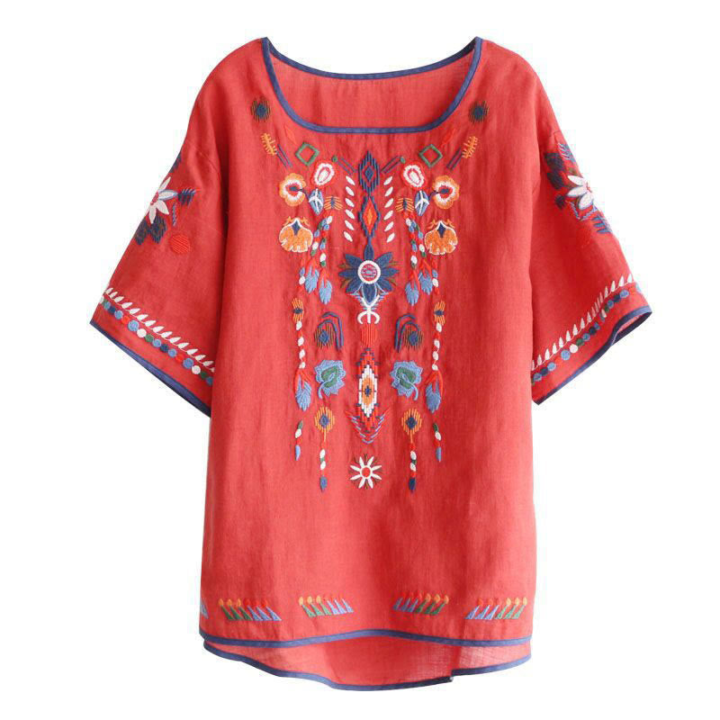 Retro Artistic Embroidery Floral Pattern Crew Neck Women's Cotton Linen Short Sleeve T-Shirt