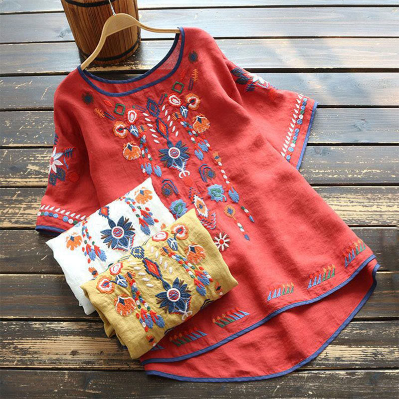 Retro Artistic Embroidery Floral Pattern Crew Neck Women's Cotton Linen Short Sleeve T-Shirt