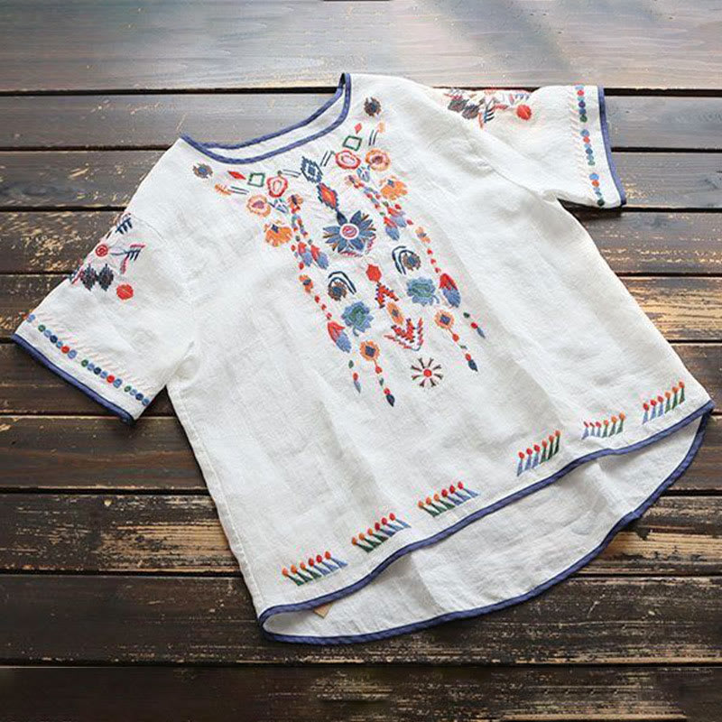 Retro Artistic Embroidery Floral Pattern Crew Neck Women's Cotton Linen Short Sleeve T-Shirt