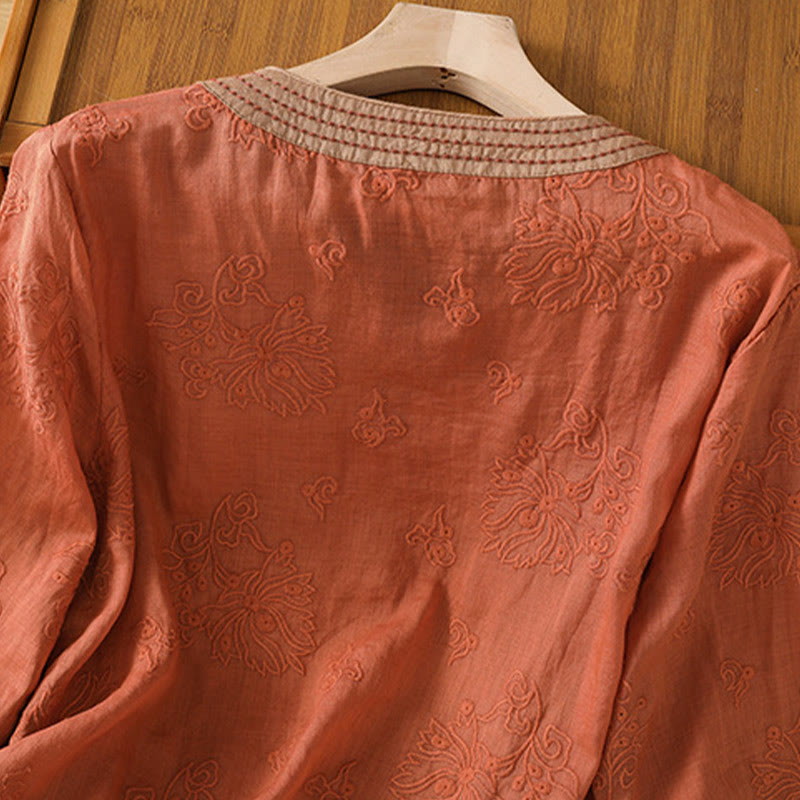 Breathable Cotton Linen Embroidered V-Neck Meditation Shirt