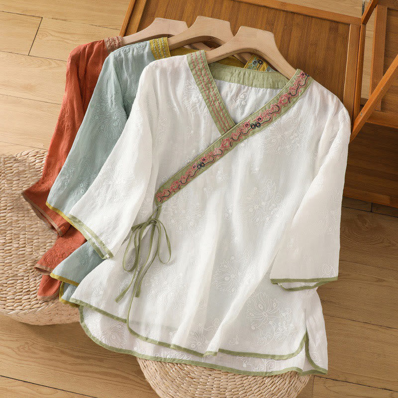 Breathable Cotton Linen Embroidered V-Neck Meditation Shirt