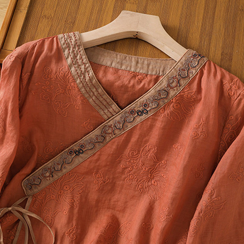 Breathable Cotton Linen Embroidered V-Neck Meditation Shirt