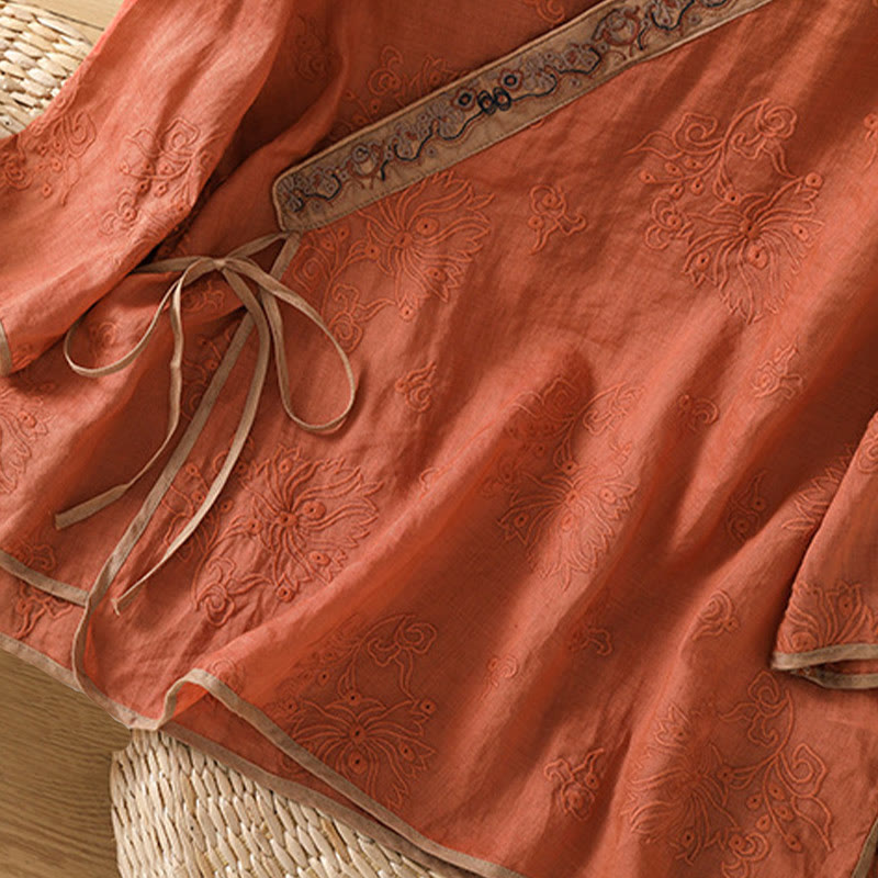 Breathable Cotton Linen Embroidered V-Neck Meditation Shirt