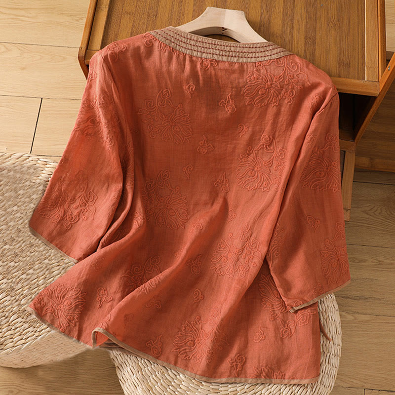 Breathable Cotton Linen Embroidered V-Neck Meditation Shirt