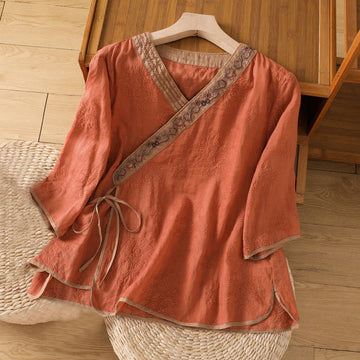 Breathable Cotton Linen Embroidered V-Neck Meditation Shirt