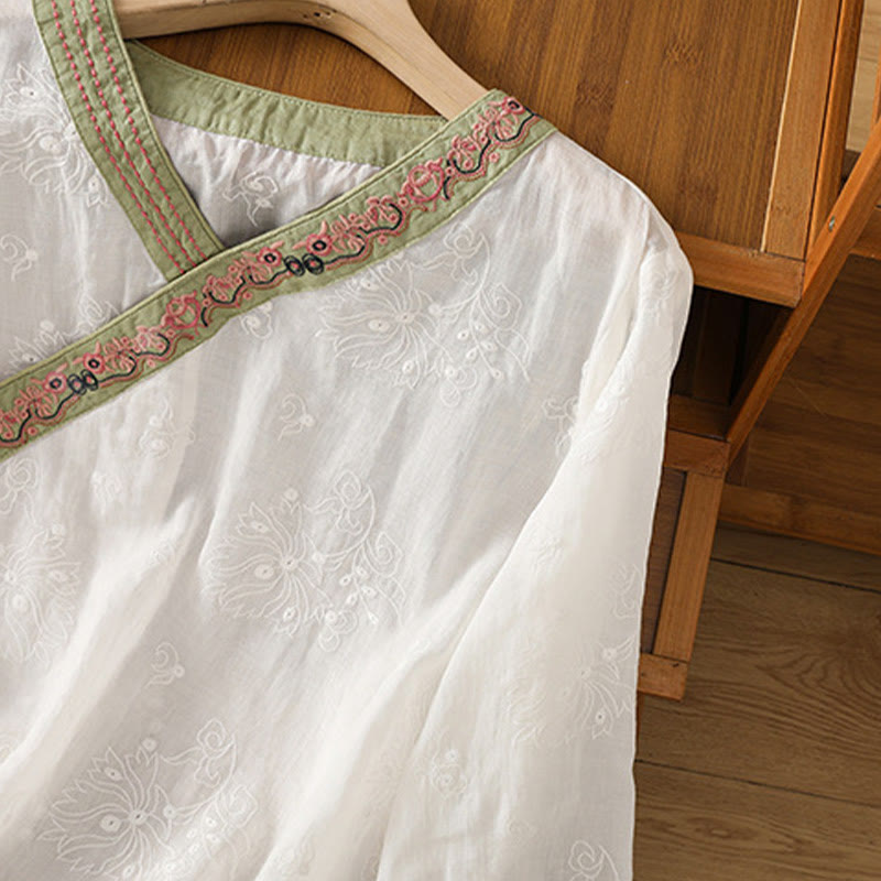 Breathable Cotton Linen Embroidered V-Neck Meditation Shirt