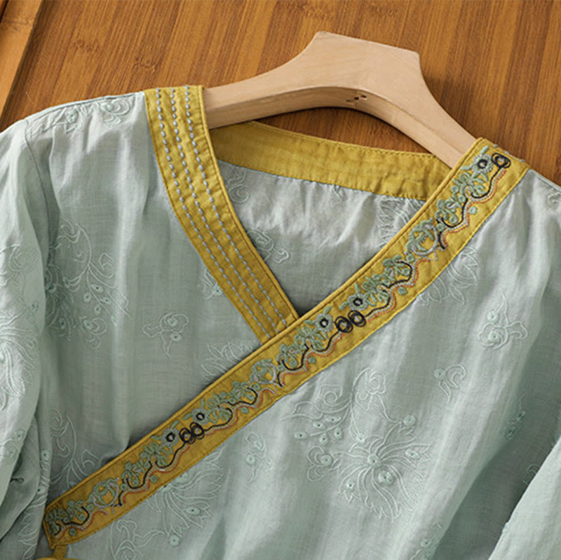 Breathable Cotton Linen Embroidered V-Neck Meditation Shirt