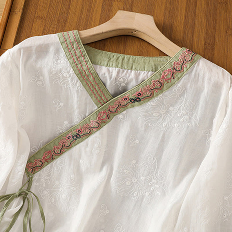 Breathable Cotton Linen Embroidered V-Neck Meditation Shirt