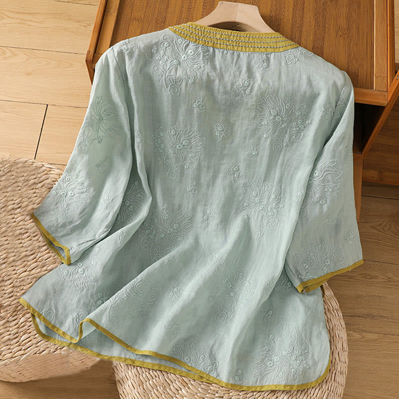 Breathable Cotton Linen Embroidered V-Neck Meditation Shirt