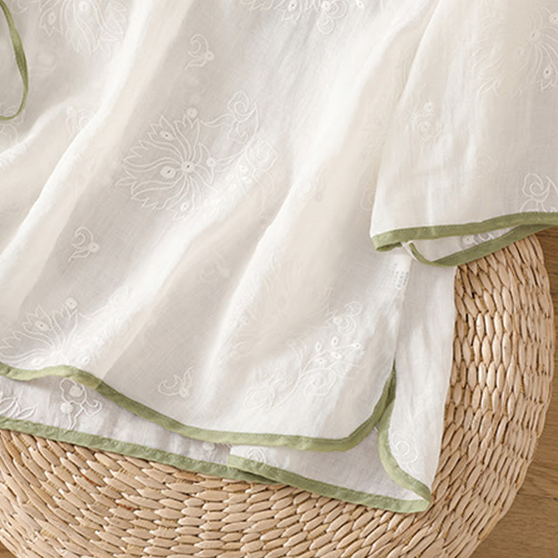 Breathable Cotton Linen Embroidered V-Neck Meditation Shirt