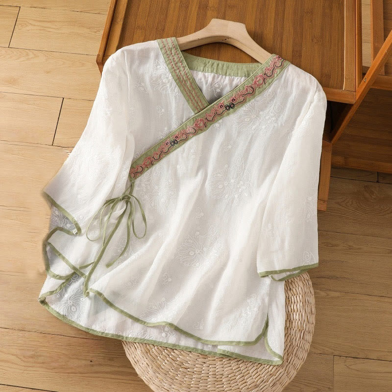 Breathable Cotton Linen Embroidered V-Neck Meditation Shirt