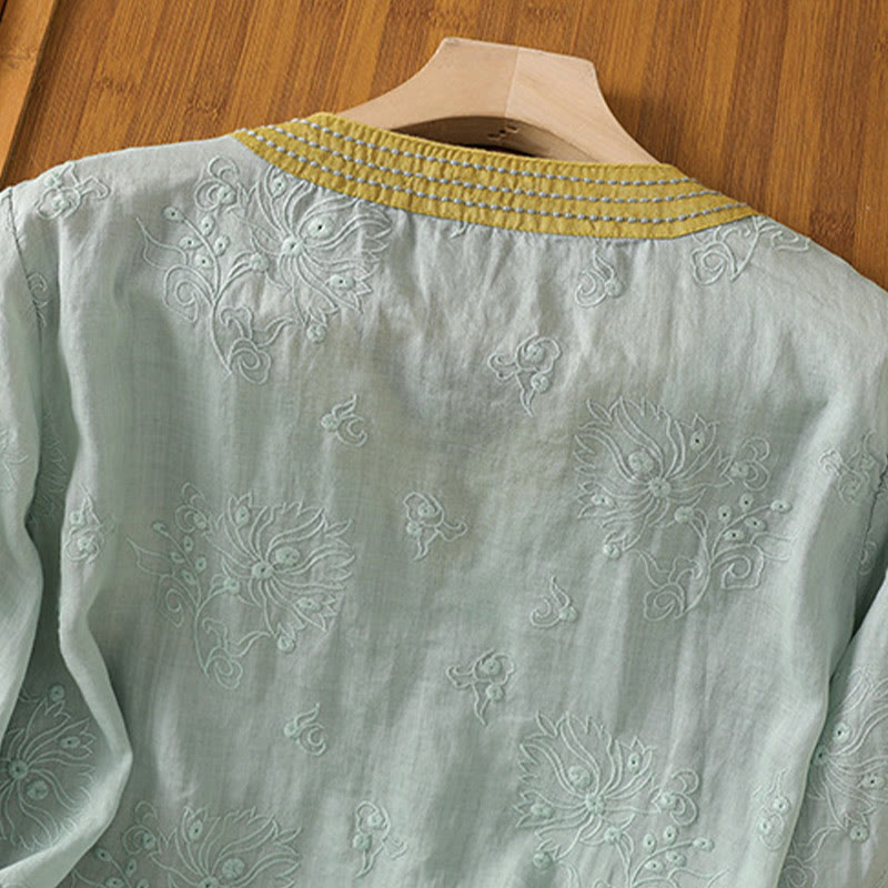 Breathable Cotton Linen Embroidered V-Neck Meditation Shirt