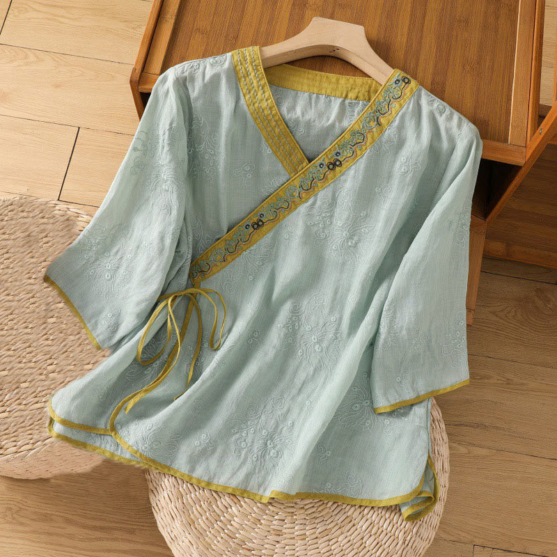 Breathable Cotton Linen Embroidered V-Neck Meditation Shirt