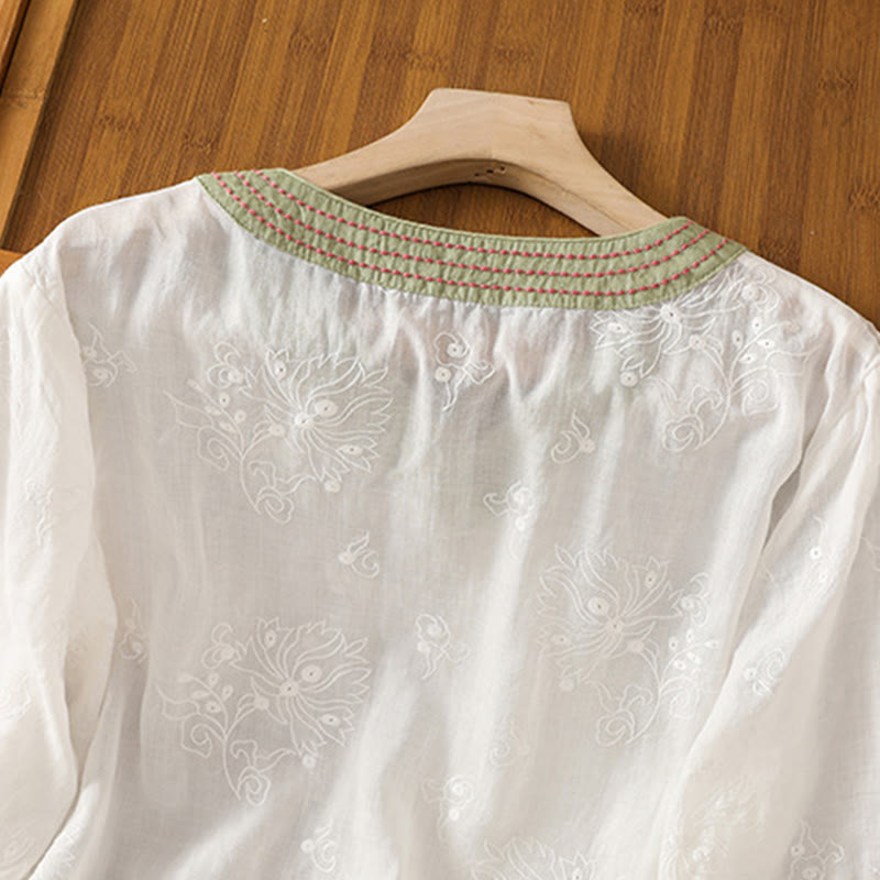 Breathable Cotton Linen Embroidered V-Neck Meditation Shirt