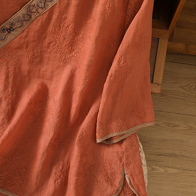 Breathable Cotton Linen Embroidered V-Neck Meditation Shirt